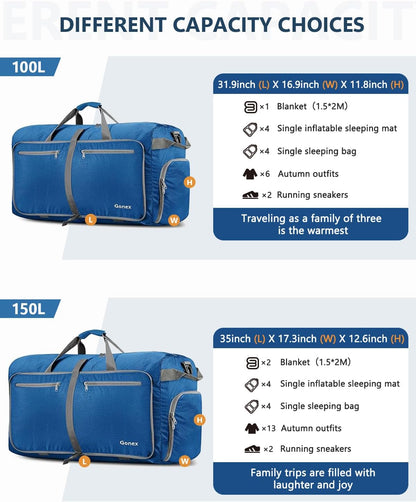 Large Foldable Travel Duffle Bag with Shoes Compartment, Packable Lightweight Water Repellent Duffel Bag for Camping Gym Weekender Bag