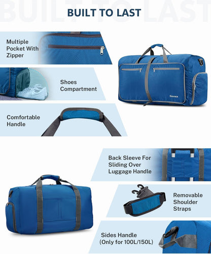 Large Foldable Travel Duffle Bag with Shoes Compartment, Packable Lightweight Water Repellent Duffel Bag for Camping Gym Weekender Bag