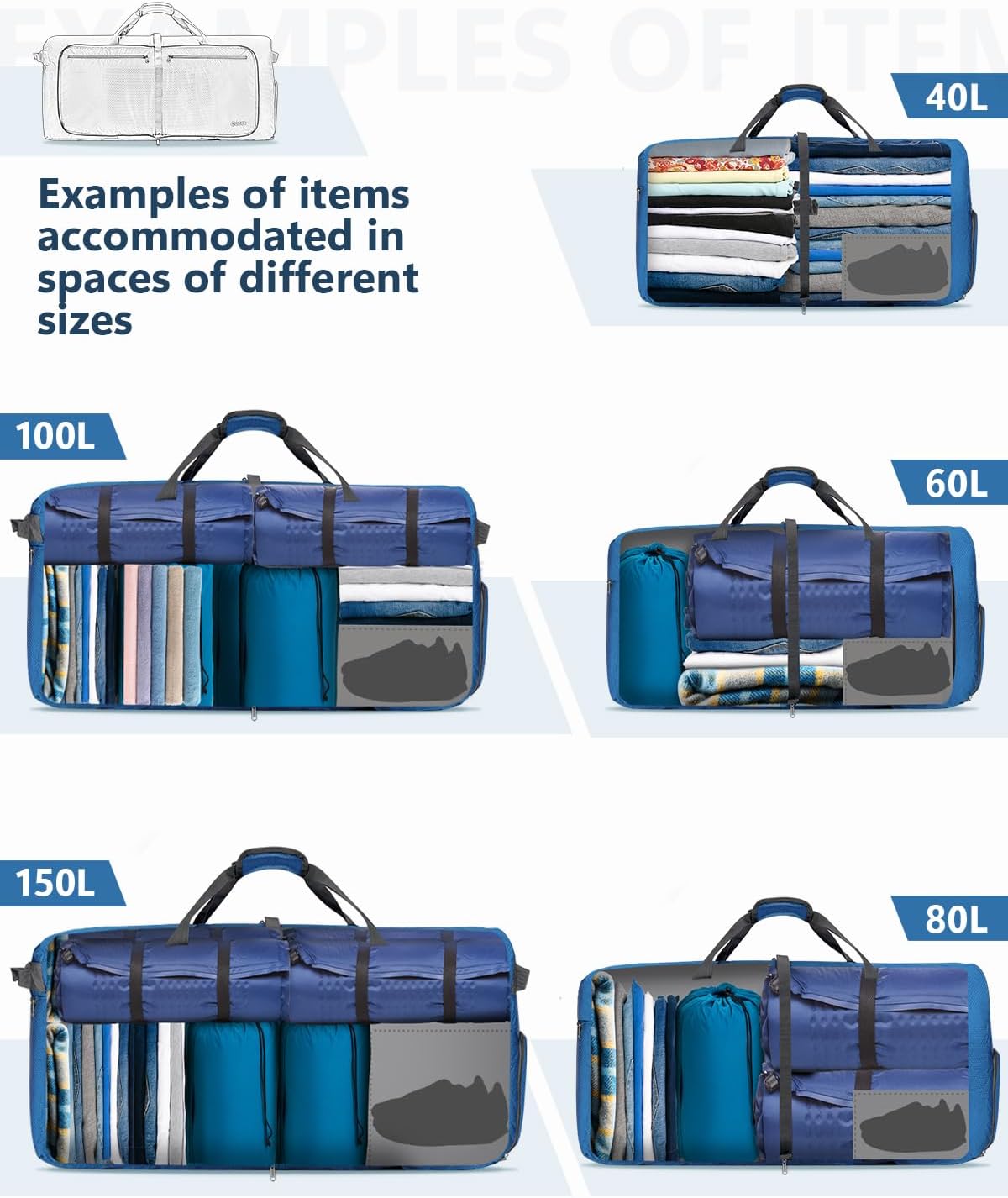 Large Foldable Travel Duffle Bag with Shoes Compartment, Packable Lightweight Water Repellent Duffel Bag for Camping Gym Weekender Bag