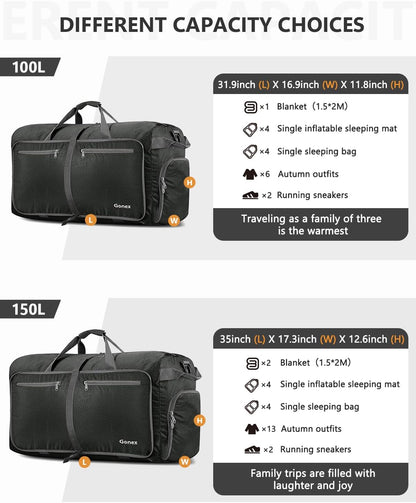 Large Foldable Travel Duffle Bag with Shoes Compartment, Packable Lightweight Water Repellent Duffel Bag for Camping Gym Weekender Bag