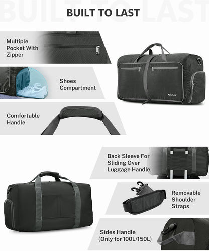 Large Foldable Travel Duffle Bag with Shoes Compartment, Packable Lightweight Water Repellent Duffel Bag for Camping Gym Weekender Bag
