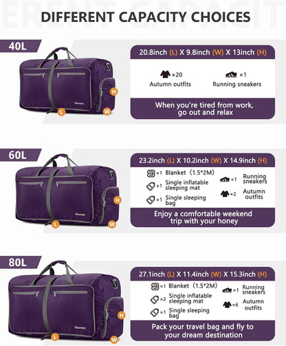 Large Foldable Travel Duffle Bag with Shoes Compartment, Packable Lightweight Water Repellent Duffel Bag for Camping Gym Weekender Bag
