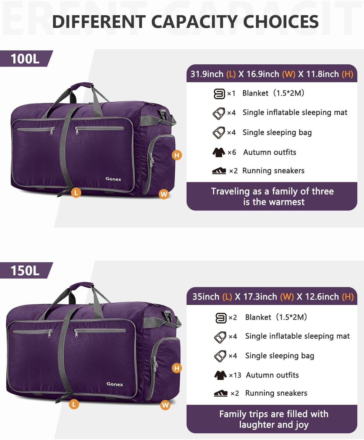Large Foldable Travel Duffle Bag with Shoes Compartment, Packable Lightweight Water Repellent Duffel Bag for Camping Gym Weekender Bag