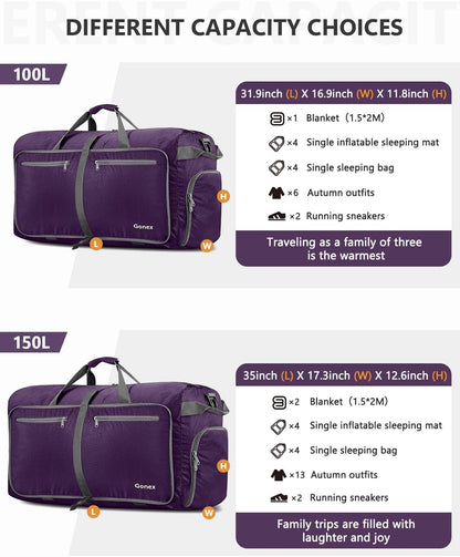 Large Foldable Travel Duffle Bag with Shoes Compartment, Packable Lightweight Water Repellent Duffel Bag for Camping Gym Weekender Bag
