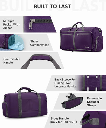 Large Foldable Travel Duffle Bag with Shoes Compartment, Packable Lightweight Water Repellent Duffel Bag for Camping Gym Weekender Bag