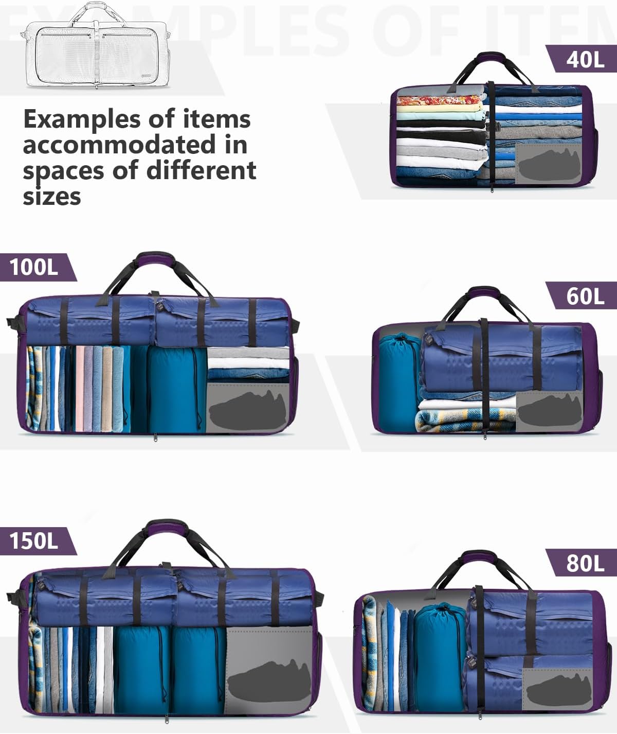 Large Foldable Travel Duffle Bag with Shoes Compartment, Packable Lightweight Water Repellent Duffel Bag for Camping Gym Weekender Bag