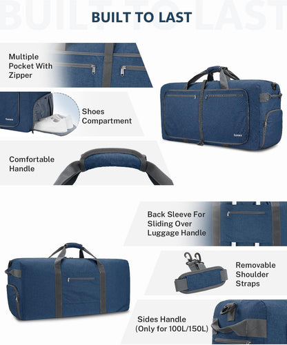 Large Foldable Travel Duffle Bag with Shoes Compartment, Packable Lightweight Water Repellent Duffel Bag for Camping Gym Weekender Bag