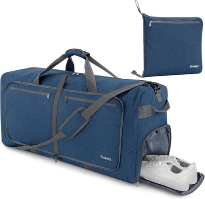 Large Foldable Travel Duffle Bag with Shoes Compartment, Packable Lightweight Water Repellent Duffel Bag for Camping Gym Weekender Bag