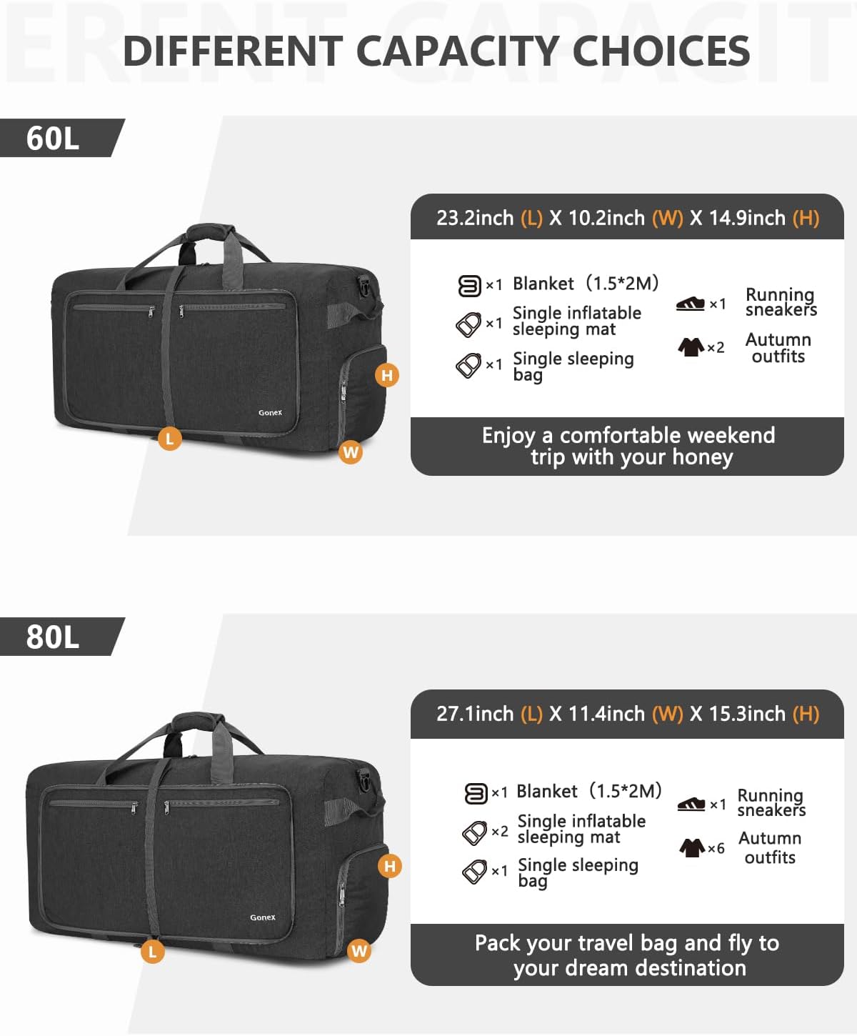Large Foldable Travel Duffle Bag with Shoes Compartment, Packable Lightweight Water Repellent Duffel Bag for Camping Gym Weekender Bag