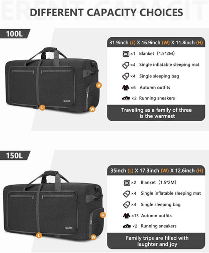 Large Foldable Travel Duffle Bag with Shoes Compartment, Packable Lightweight Water Repellent Duffel Bag for Camping Gym Weekender Bag