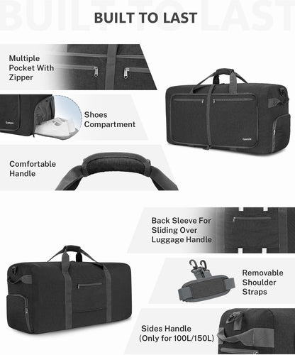 Large Foldable Travel Duffle Bag with Shoes Compartment, Packable Lightweight Water Repellent Duffel Bag for Camping Gym Weekender Bag