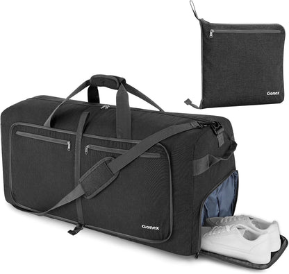Large Foldable Travel Duffle Bag with Shoes Compartment, Packable Lightweight Water Repellent Duffel Bag for Camping Gym Weekender Bag
