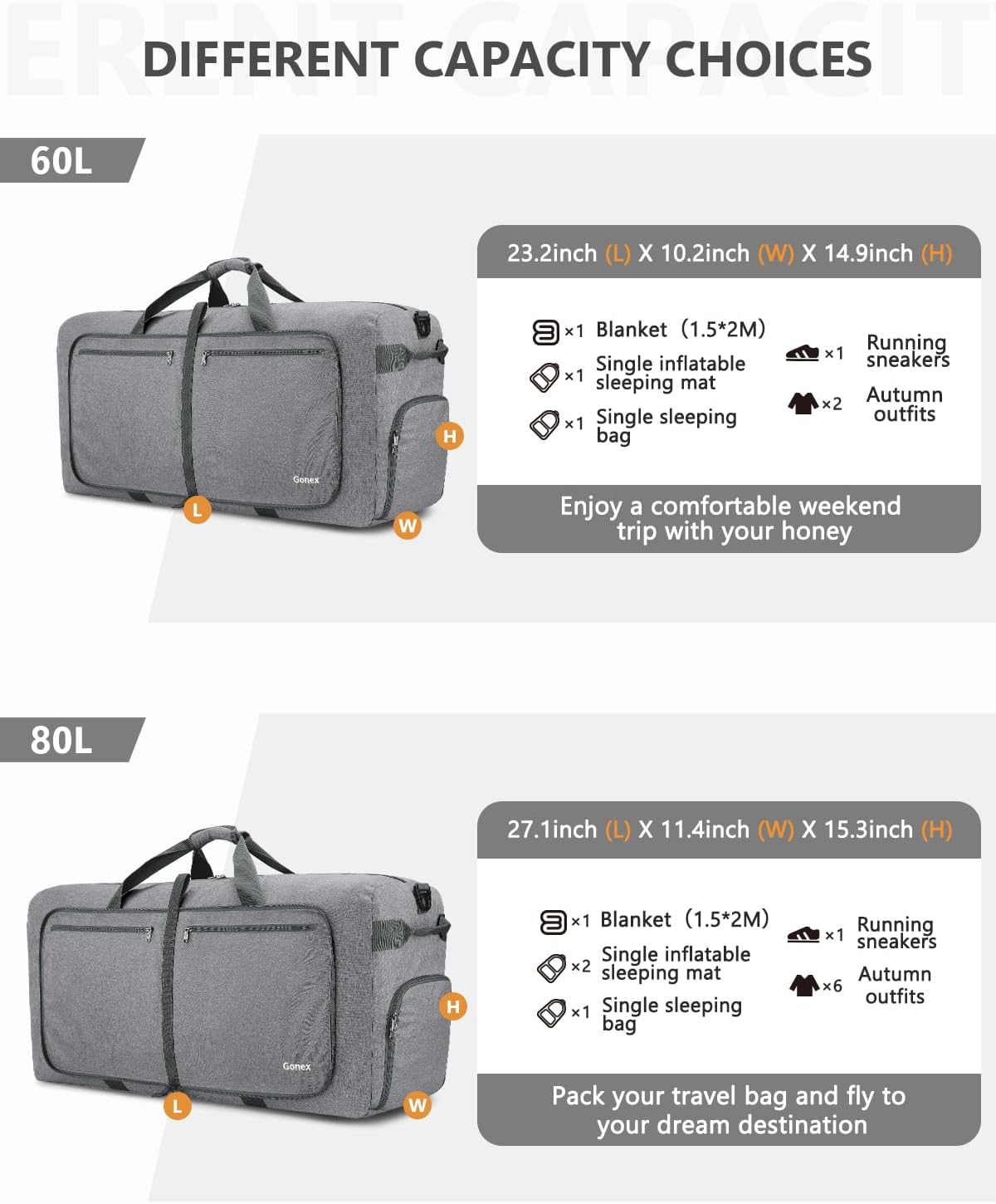 Large Foldable Travel Duffle Bag with Shoes Compartment, Packable Lightweight Water Repellent Duffel Bag for Camping Gym Weekender Bag