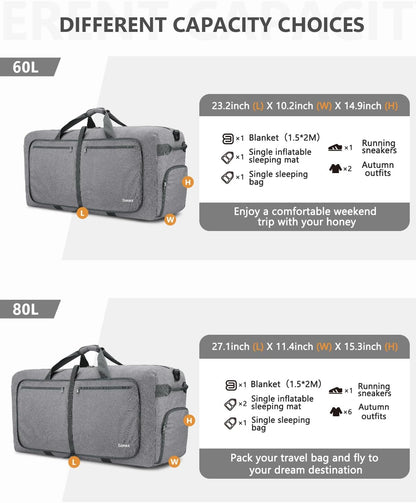 Large Foldable Travel Duffle Bag with Shoes Compartment, Packable Lightweight Water Repellent Duffel Bag for Camping Gym Weekender Bag