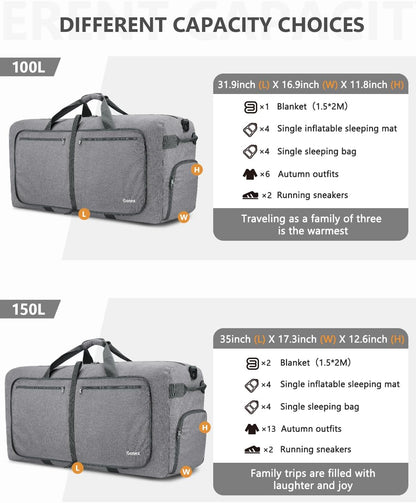 Large Foldable Travel Duffle Bag with Shoes Compartment, Packable Lightweight Water Repellent Duffel Bag for Camping Gym Weekender Bag