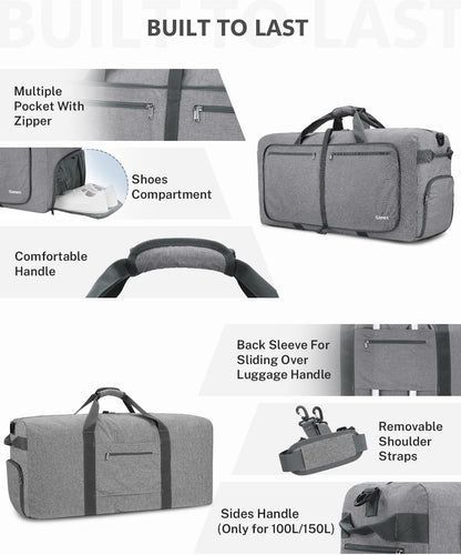 Large Foldable Travel Duffle Bag with Shoes Compartment, Packable Lightweight Water Repellent Duffel Bag for Camping Gym Weekender Bag