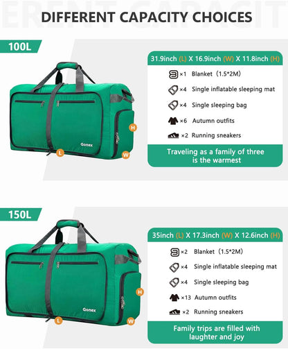 Large Foldable Travel Duffle Bag with Shoes Compartment, Packable Lightweight Water Repellent Duffel Bag for Camping Gym Weekender Bag