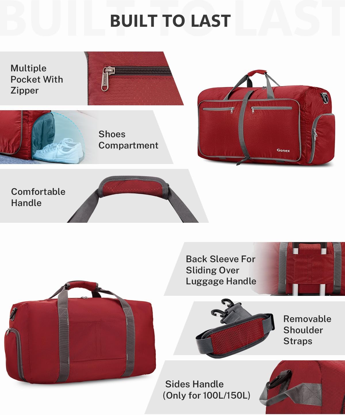 Large Foldable Travel Duffle Bag with Shoes Compartment, Packable Lightweight Water Repellent Duffel Bag for Camping Gym Weekender Bag