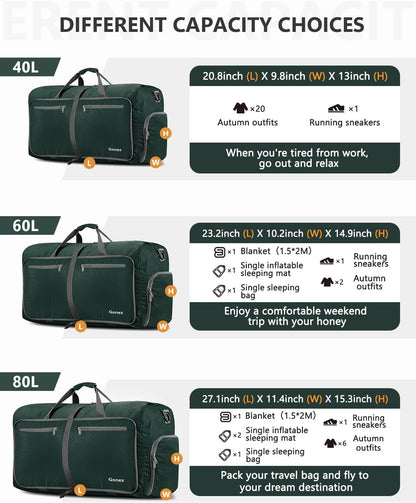Large Foldable Travel Duffle Bag with Shoes Compartment, Packable Lightweight Water Repellent Duffel Bag for Camping Gym Weekender Bag