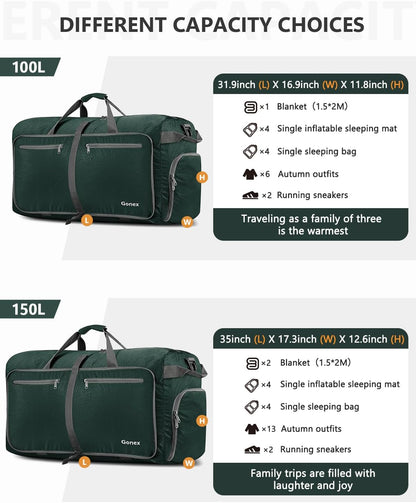 Large Foldable Travel Duffle Bag with Shoes Compartment, Packable Lightweight Water Repellent Duffel Bag for Camping Gym Weekender Bag