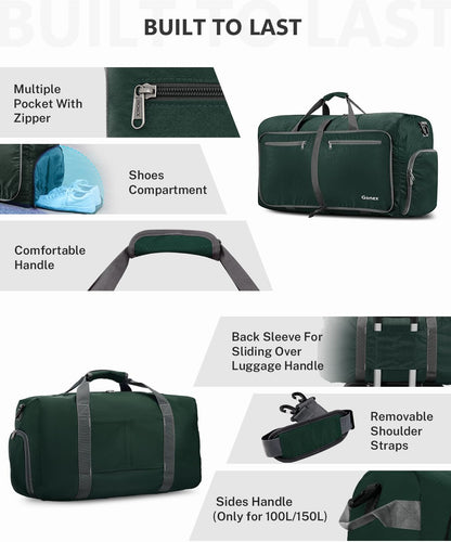 Large Foldable Travel Duffle Bag with Shoes Compartment, Packable Lightweight Water Repellent Duffel Bag for Camping Gym Weekender Bag