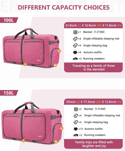 Large Foldable Travel Duffle Bag with Shoes Compartment, Packable Lightweight Water Repellent Duffel Bag for Camping Gym Weekender Bag