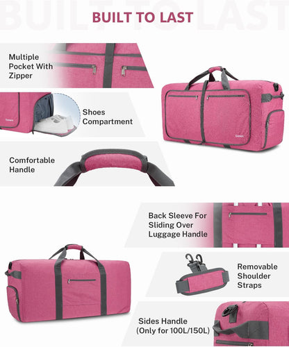 Large Foldable Travel Duffle Bag with Shoes Compartment, Packable Lightweight Water Repellent Duffel Bag for Camping Gym Weekender Bag