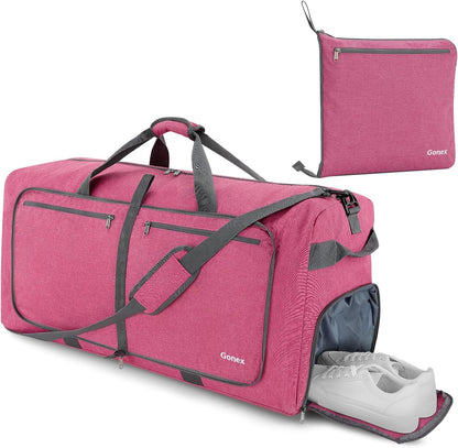 Large Foldable Travel Duffle Bag with Shoes Compartment, Packable Lightweight Water Repellent Duffel Bag for Camping Gym Weekender Bag