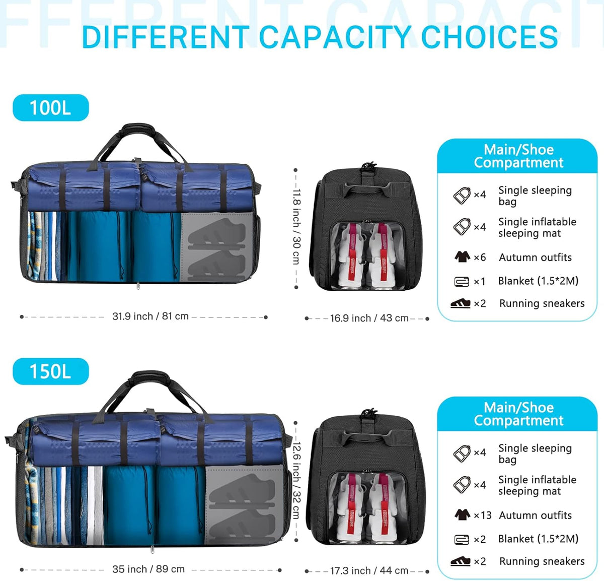 Large Foldable Travel Duffle Bag with Shoes Compartment, Packable Lightweight Water Repellent Duffel Bag for Camping Gym Weekender Bag