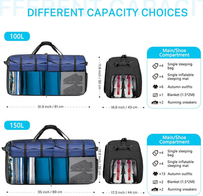 Large Foldable Travel Duffle Bag with Shoes Compartment, Packable Lightweight Water Repellent Duffel Bag for Camping Gym Weekender Bag