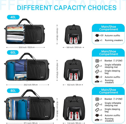 Large Foldable Travel Duffle Bag with Shoes Compartment, Packable Lightweight Water Repellent Duffel Bag for Camping Gym Weekender Bag