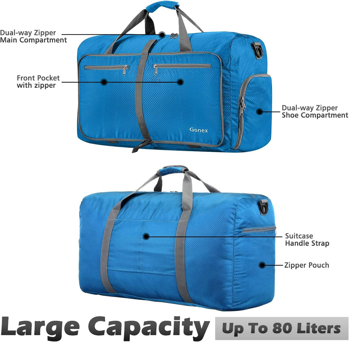 Large Foldable Travel Duffle Bag with Shoes Compartment, Packable Lightweight Water Repellent Duffel Bag for Camping Gym Weekender Bag