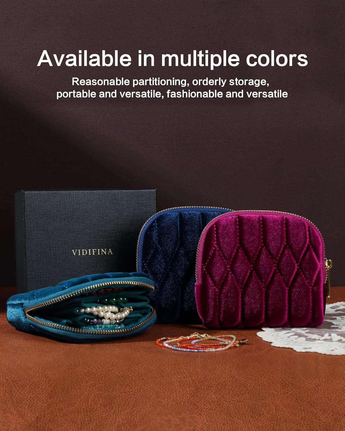 Travel Jewelry Case,Mini Travel Jewelry Bag with Zipper,5-Layer Velvet Organizer Pouch for Bracelet Rings Earrings - Diamond Stitched Velvet Teal Blue