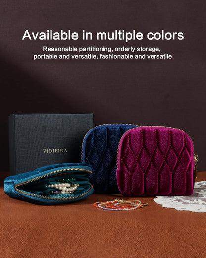 Travel Jewelry Case,Mini Travel Jewelry Bag with Zipper,5-Layer Velvet Organizer Pouch for Bracelet Rings Earrings - Diamond Stitched Velvet Teal Blue