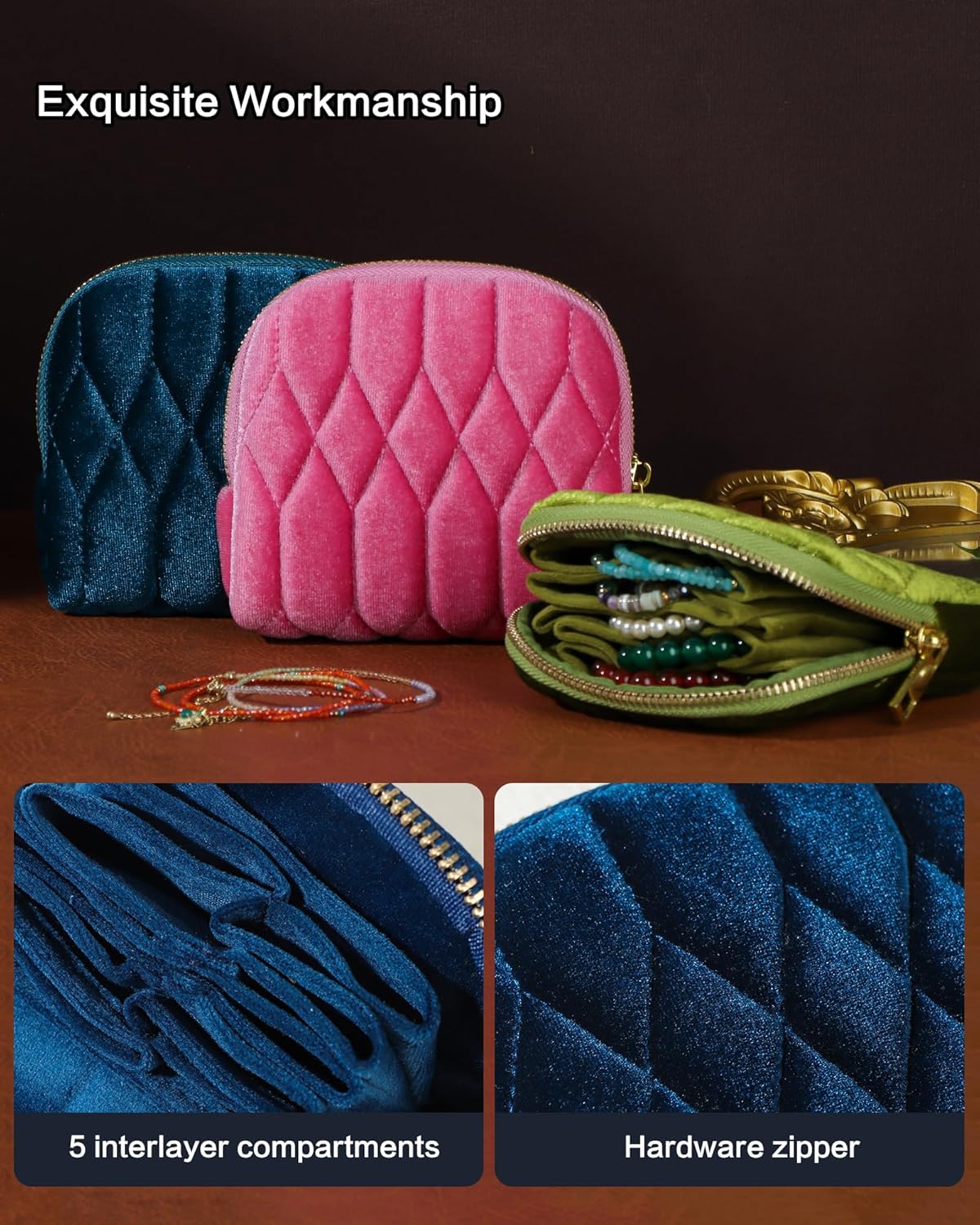 Travel Jewelry Case,Mini Travel Jewelry Bag with Zipper,5-Layer Velvet Organizer Pouch for Bracelet Rings Earrings - Diamond Stitched Velvet Teal Blue
