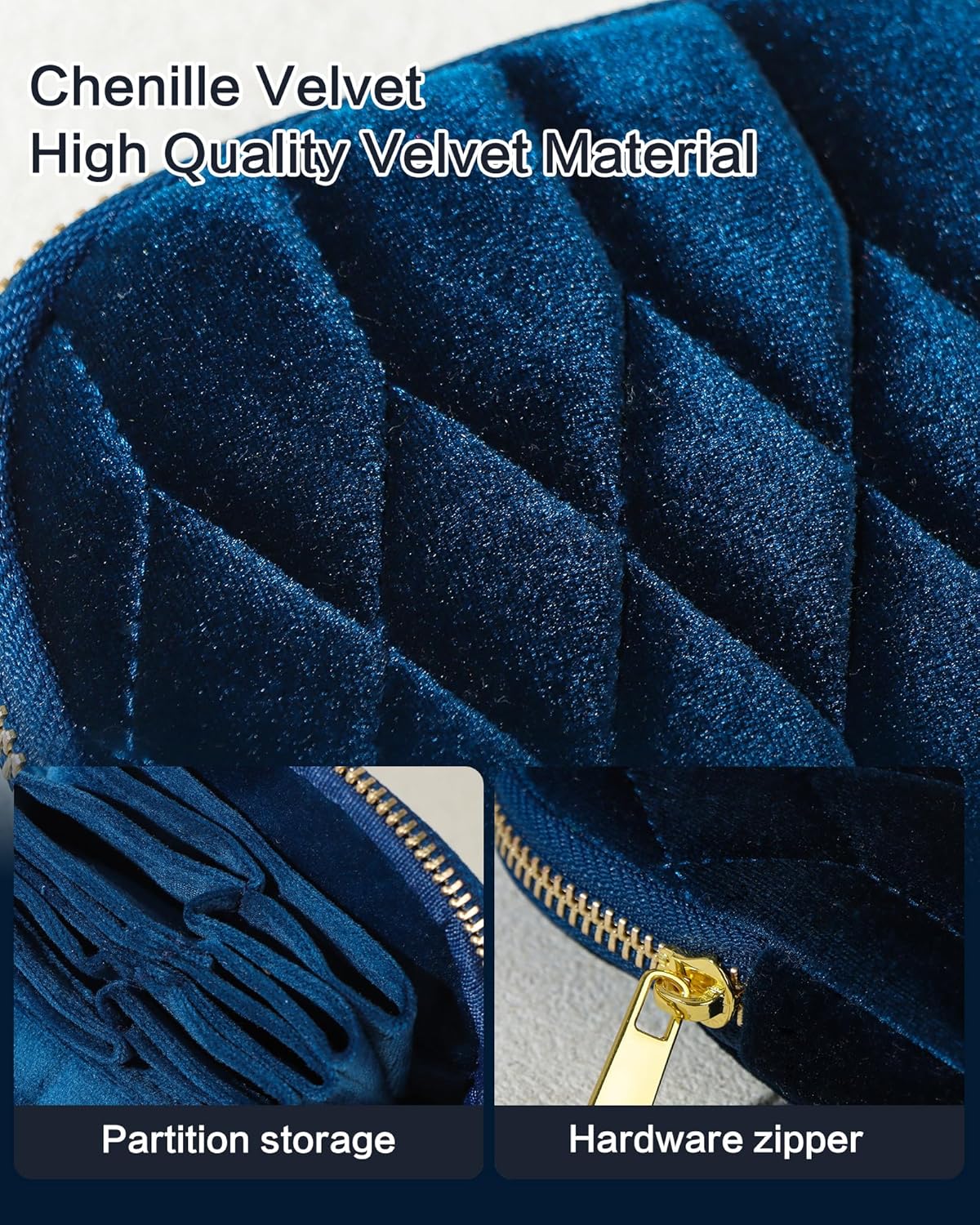 Travel Jewelry Case,Mini Travel Jewelry Bag with Zipper,5-Layer Velvet Organizer Pouch for Bracelet Rings Earrings - Diamond Stitched Velvet Teal Blue