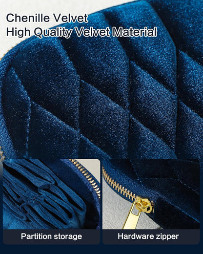 Travel Jewelry Case,Mini Travel Jewelry Bag with Zipper,5-Layer Velvet Organizer Pouch for Bracelet Rings Earrings - Diamond Stitched Velvet Teal Blue