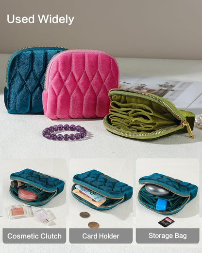 Travel Jewelry Case,Mini Travel Jewelry Bag with Zipper,5-Layer Velvet Organizer Pouch for Bracelet Rings Earrings - Diamond Stitched Velvet Teal Blue