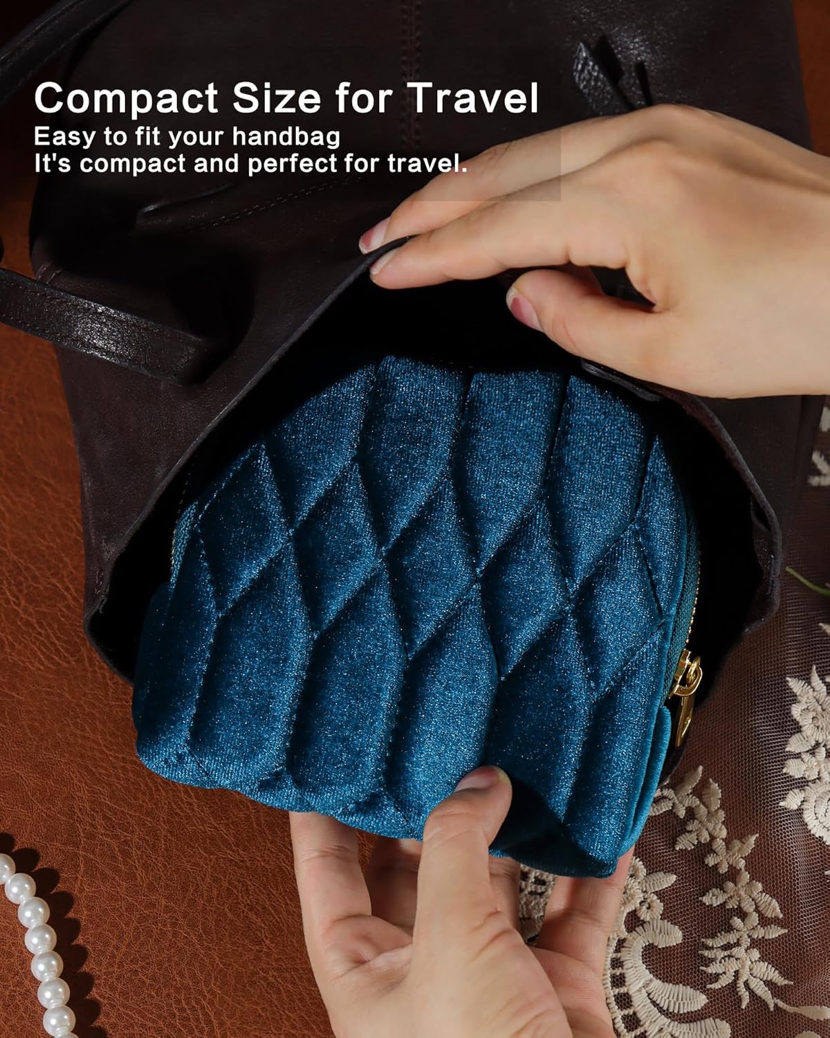 Travel Jewelry Case,Mini Travel Jewelry Bag with Zipper,5-Layer Velvet Organizer Pouch for Bracelet Rings Earrings - Diamond Stitched Velvet Teal Blue