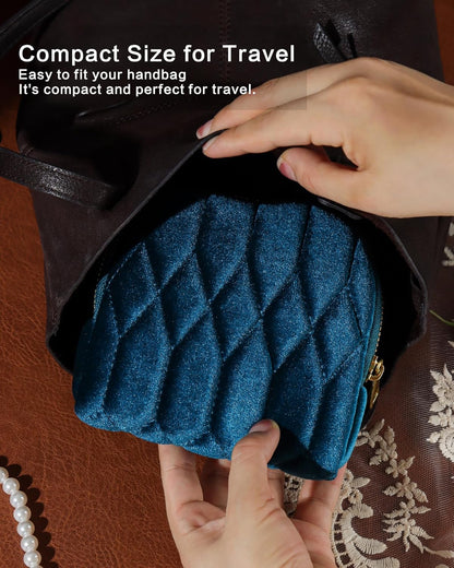Travel Jewelry Case,Mini Travel Jewelry Bag with Zipper,5-Layer Velvet Organizer Pouch for Bracelet Rings Earrings - Diamond Stitched Velvet Teal Blue