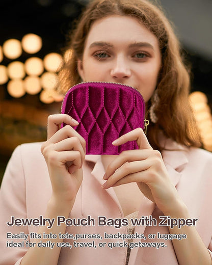 Travel Jewelry Case,Mini Travel Jewelry Bag with Zipper,5-Layer Velvet Organizer Pouch for Bracelet Rings Earrings - Diamond Stitched Velvet Teal Blue