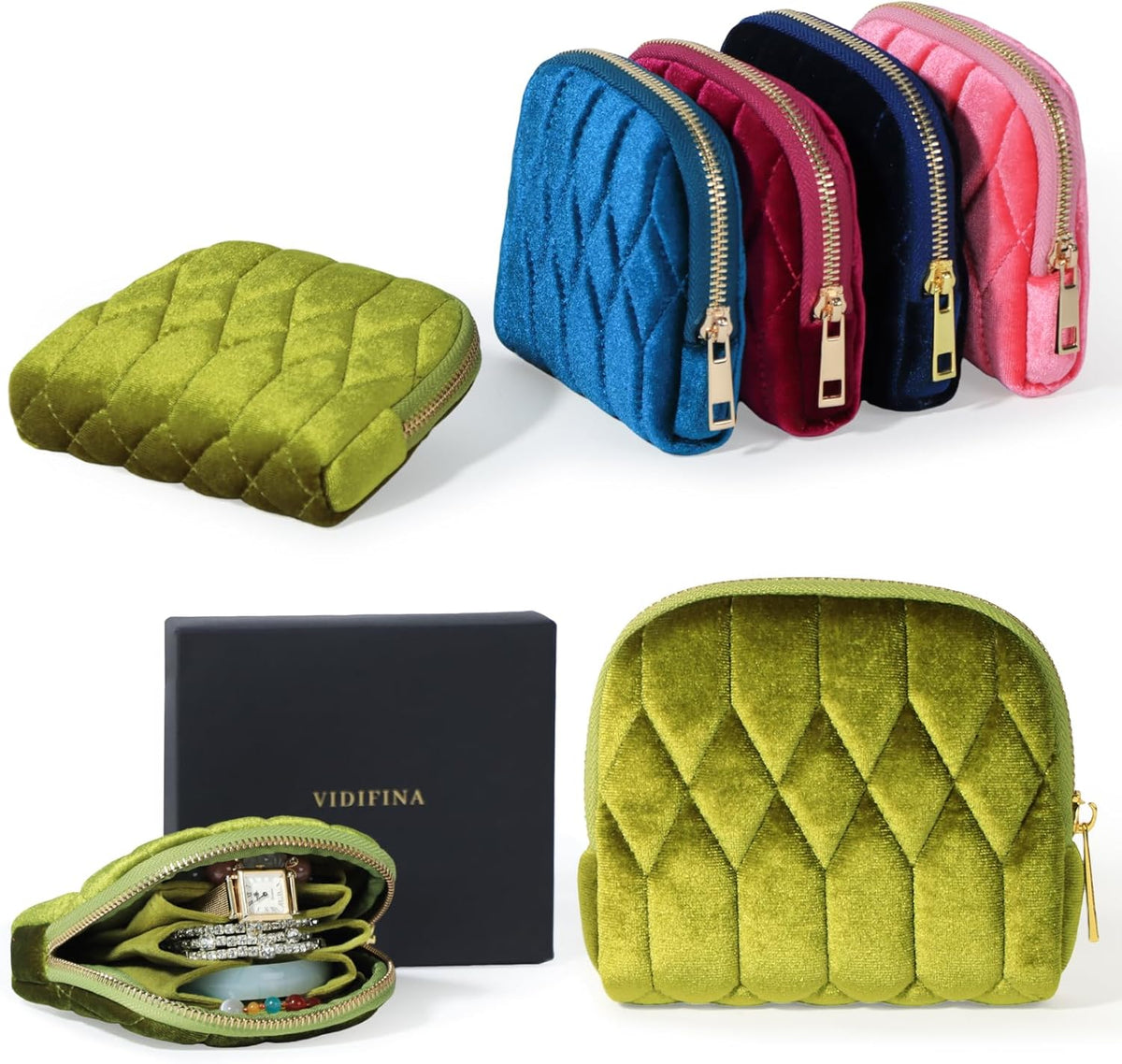 Travel Jewelry Case,Mini Travel Jewelry Bag with Zipper,5-Layer Velvet Organizer Pouch for Bracelet Rings Earrings - Diamond Stitched Velvet Teal Blue