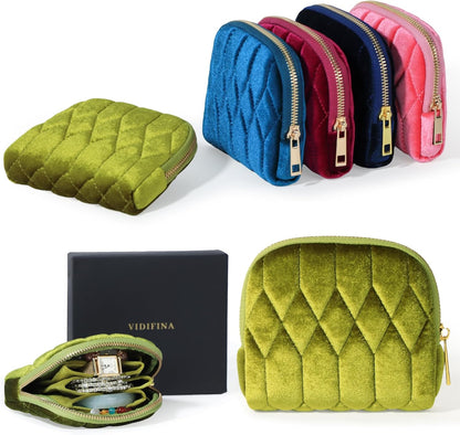 Travel Jewelry Case,Mini Travel Jewelry Bag with Zipper,5-Layer Velvet Organizer Pouch for Bracelet Rings Earrings - Diamond Stitched Velvet Teal Blue