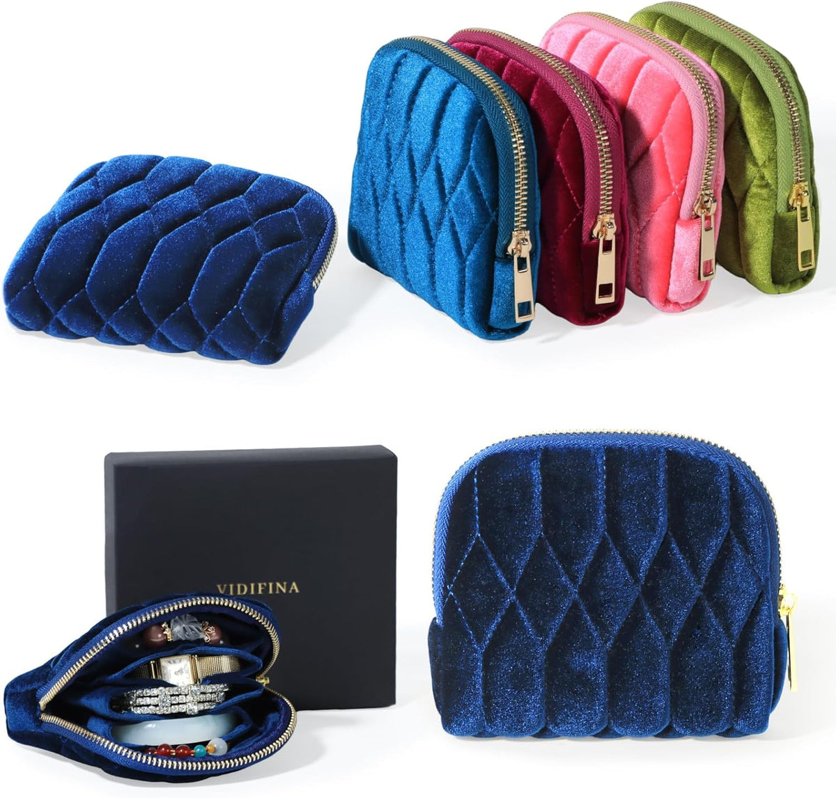 Travel Jewelry Case,Mini Travel Jewelry Bag with Zipper,5-Layer Velvet Organizer Pouch for Bracelet Rings Earrings - Diamond Stitched Velvet Teal Blue