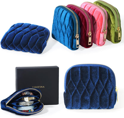 Travel Jewelry Case,Mini Travel Jewelry Bag with Zipper,5-Layer Velvet Organizer Pouch for Bracelet Rings Earrings - Diamond Stitched Velvet Teal Blue