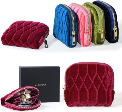 Travel Jewelry Case,Mini Travel Jewelry Bag with Zipper,5-Layer Velvet Organizer Pouch for Bracelet Rings Earrings - Diamond Stitched Velvet Teal Blue