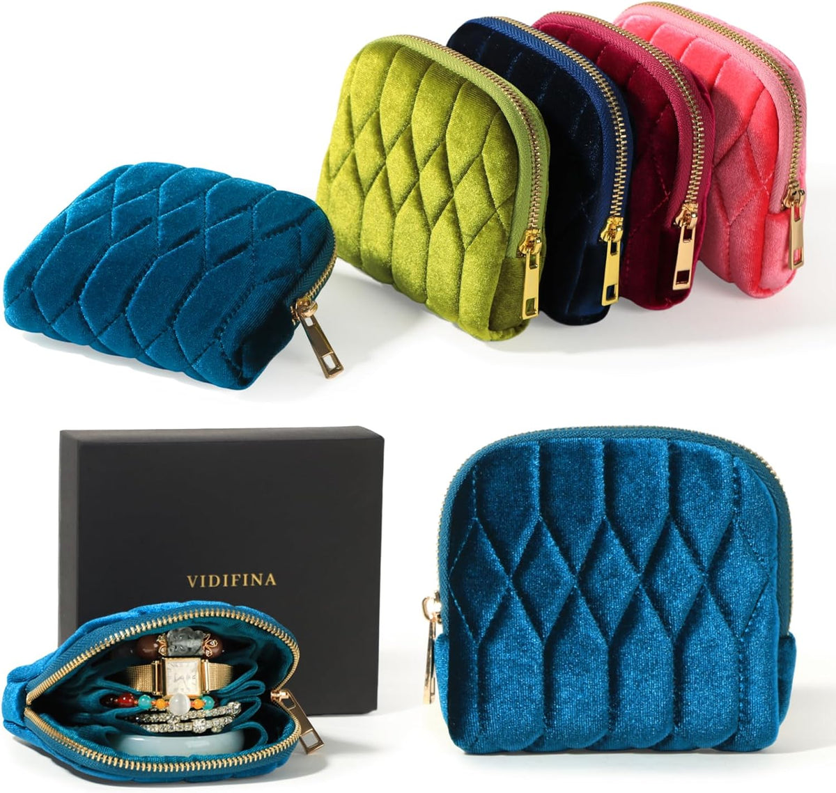 Travel Jewelry Case,Mini Travel Jewelry Bag with Zipper,5-Layer Velvet Organizer Pouch for Bracelet Rings Earrings - Diamond Stitched Velvet Teal Blue