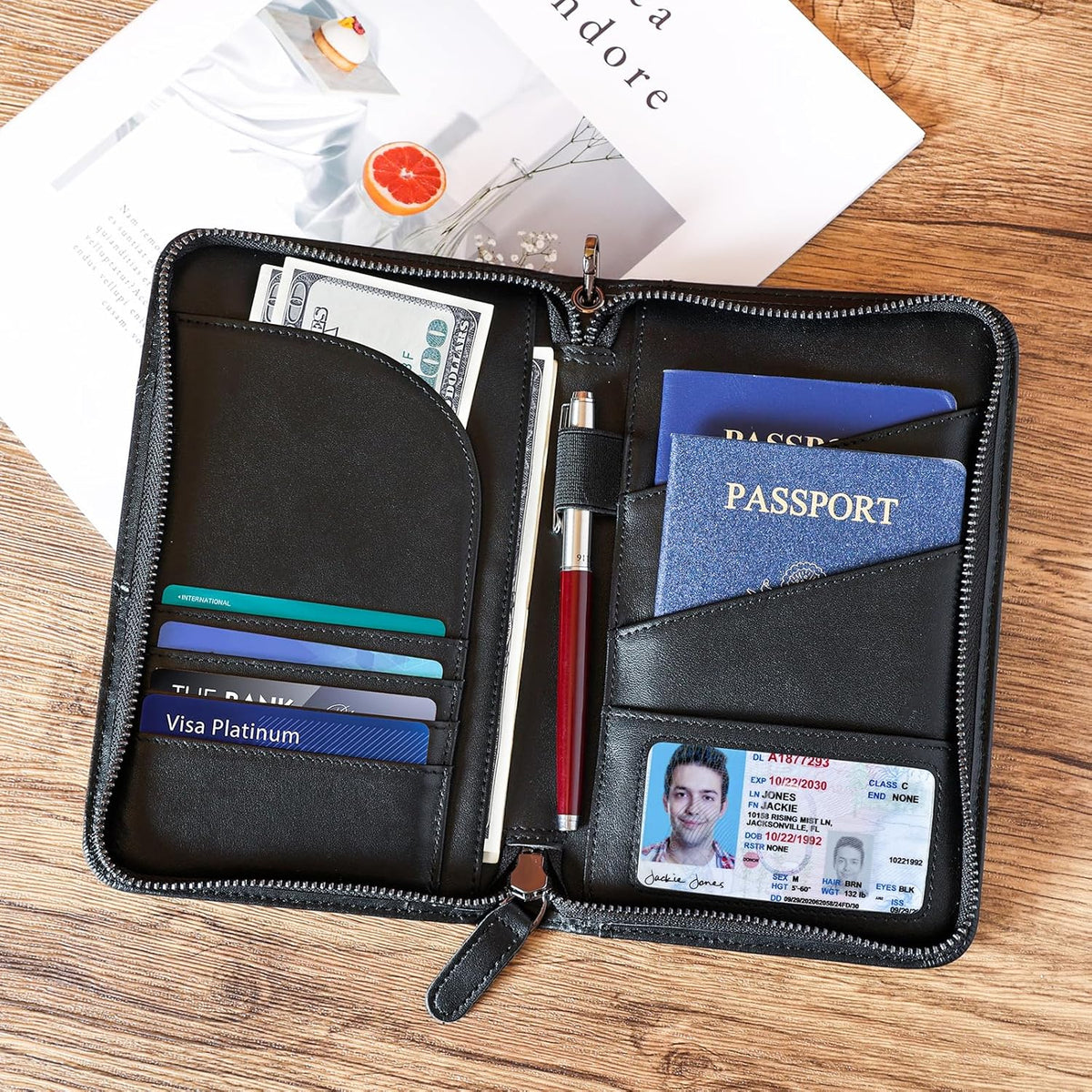 Polare Full Grain Leather Passport Holder With YKK Zipper RFID Blocking Travel Document Organizer Ticket Holder Cover Case Holds 2 Passports (Dark Brown)
