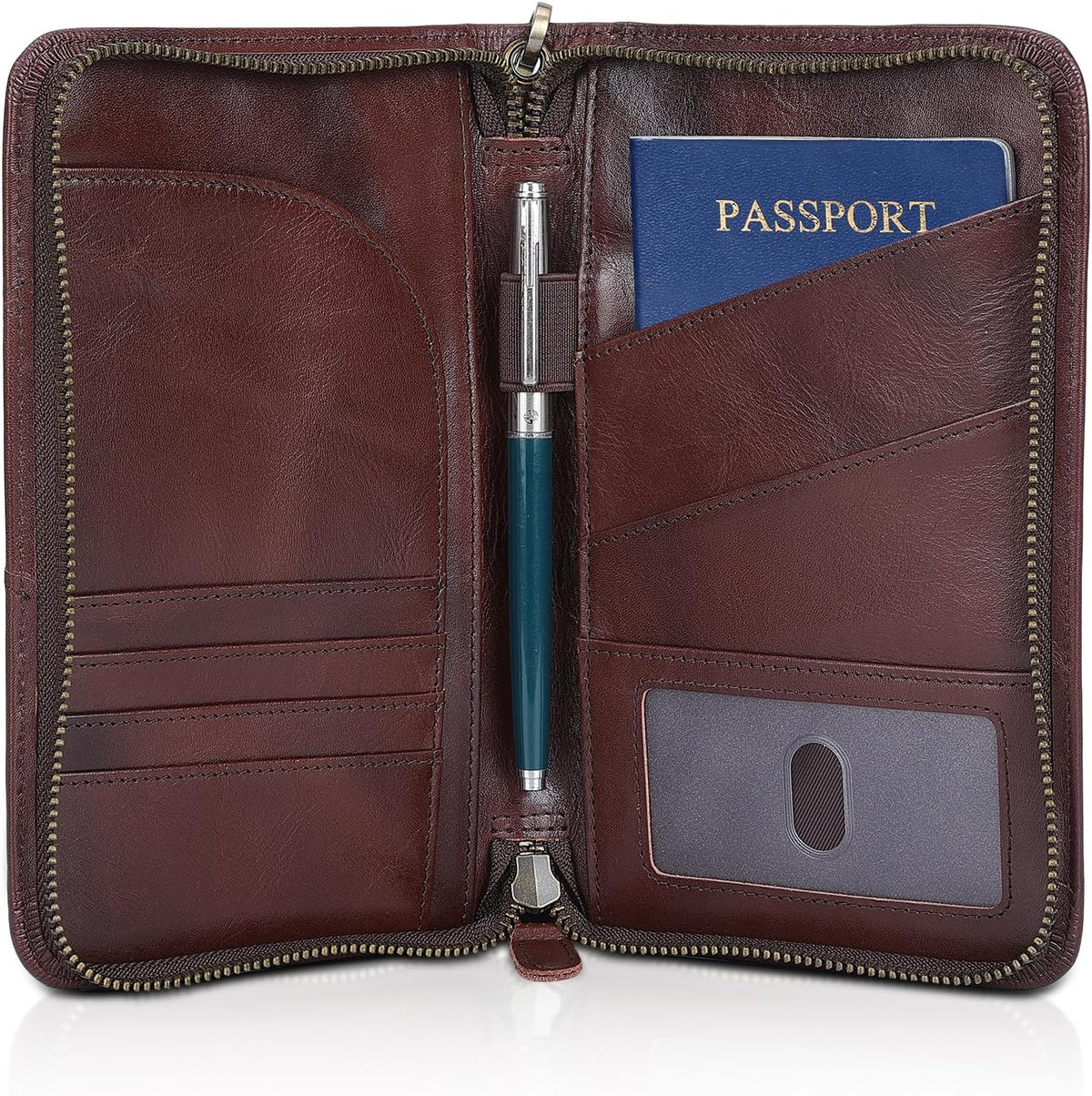 Polare Full Grain Leather Passport Holder With YKK Zipper RFID Blocking Travel Document Organizer Ticket Holder Cover Case Holds 2 Passports (Dark Brown)