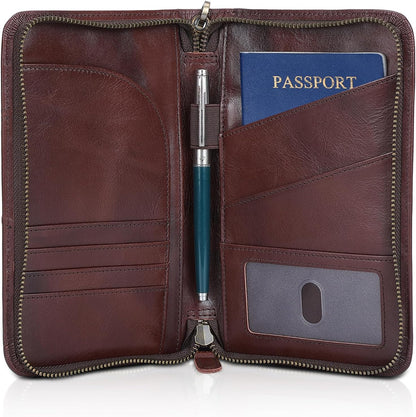 Polare Full Grain Leather Passport Holder With YKK Zipper RFID Blocking Travel Document Organizer Ticket Holder Cover Case Holds 2 Passports (Dark Brown)